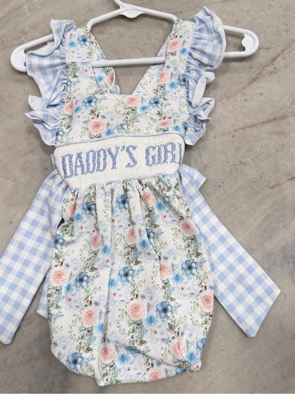 Smocked 'Daddy's Girl' Floral Blue Baby Romper